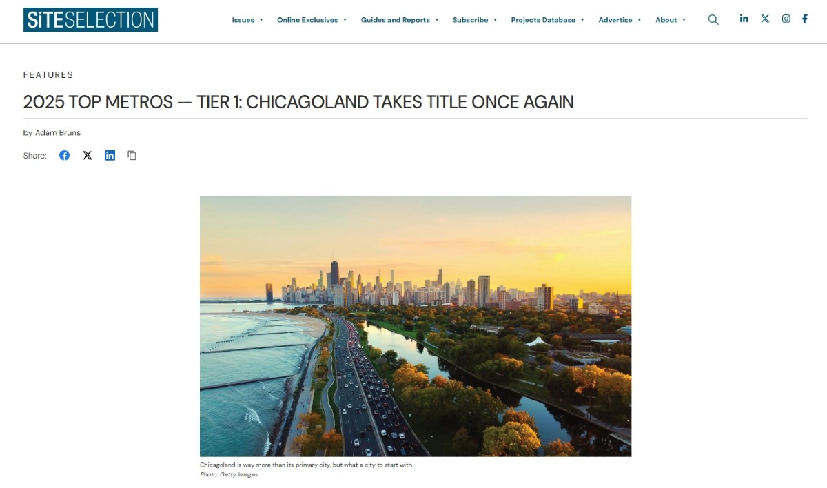 The Chicago metro region was named No. 1 in the nation by Site Selection magazine based on new and ongoing business expansion projects. It is the 13th year in a row the region has received this recognition, outpacing the Houston and Dallas-Fort Worth metro regions.